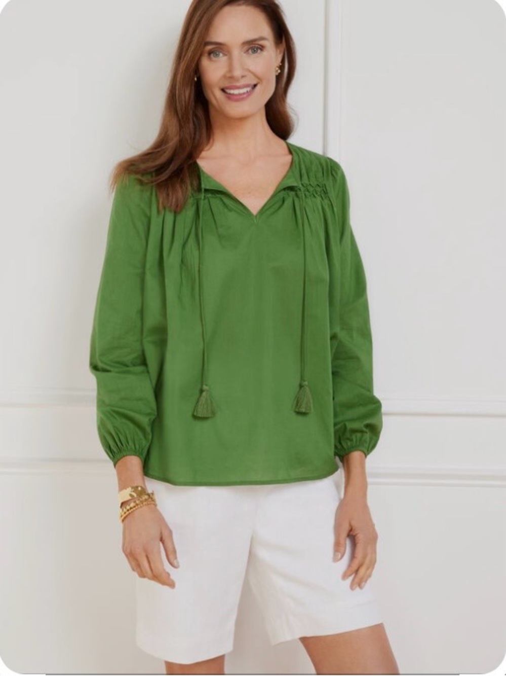 Talbots Smocked Peasant Blouse with Tassel Tie